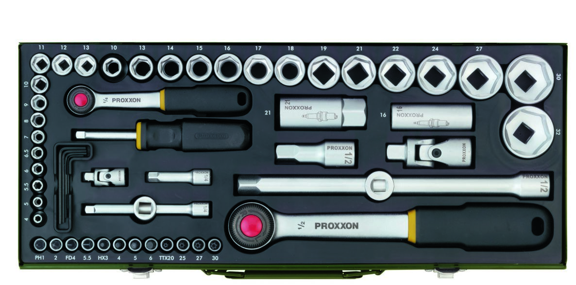 Proxxon 23040 Jeu de clés à douilles 1/4"+1/2" 56 pièces