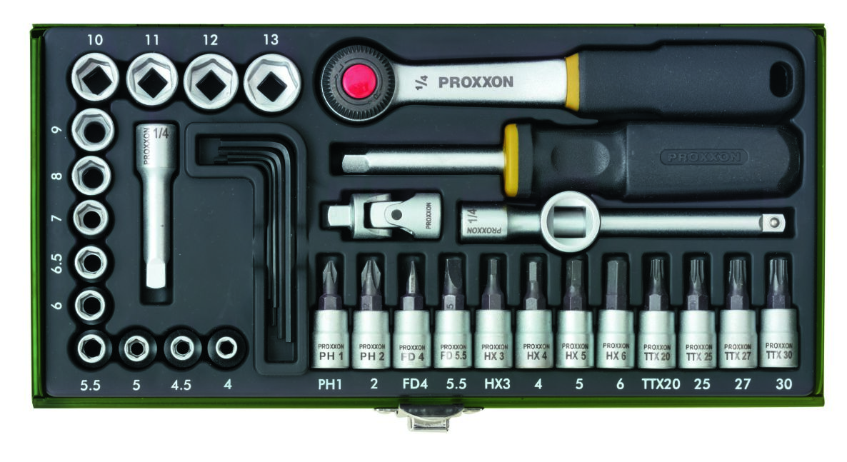 Proxxon 23080 Jeu de clés à douille avec embouts 1/4" 36 pcs