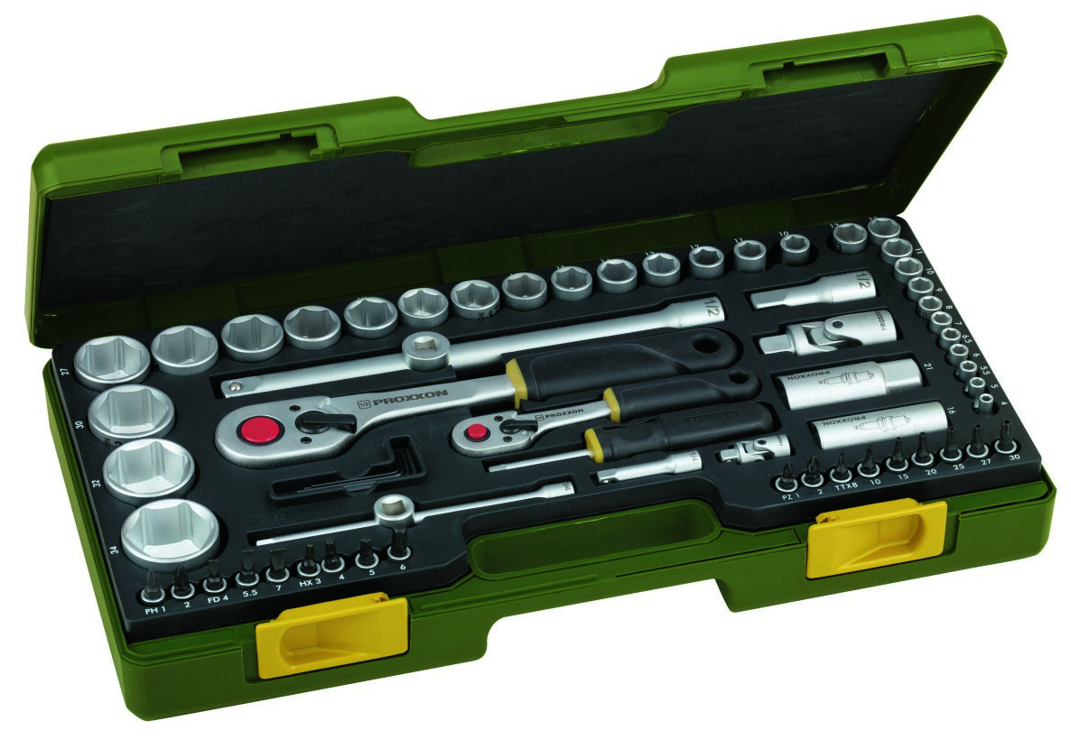 Proxxon 23286 Jeu de clés à douille avec embouts 1/4" + 1/2" 65 pièces