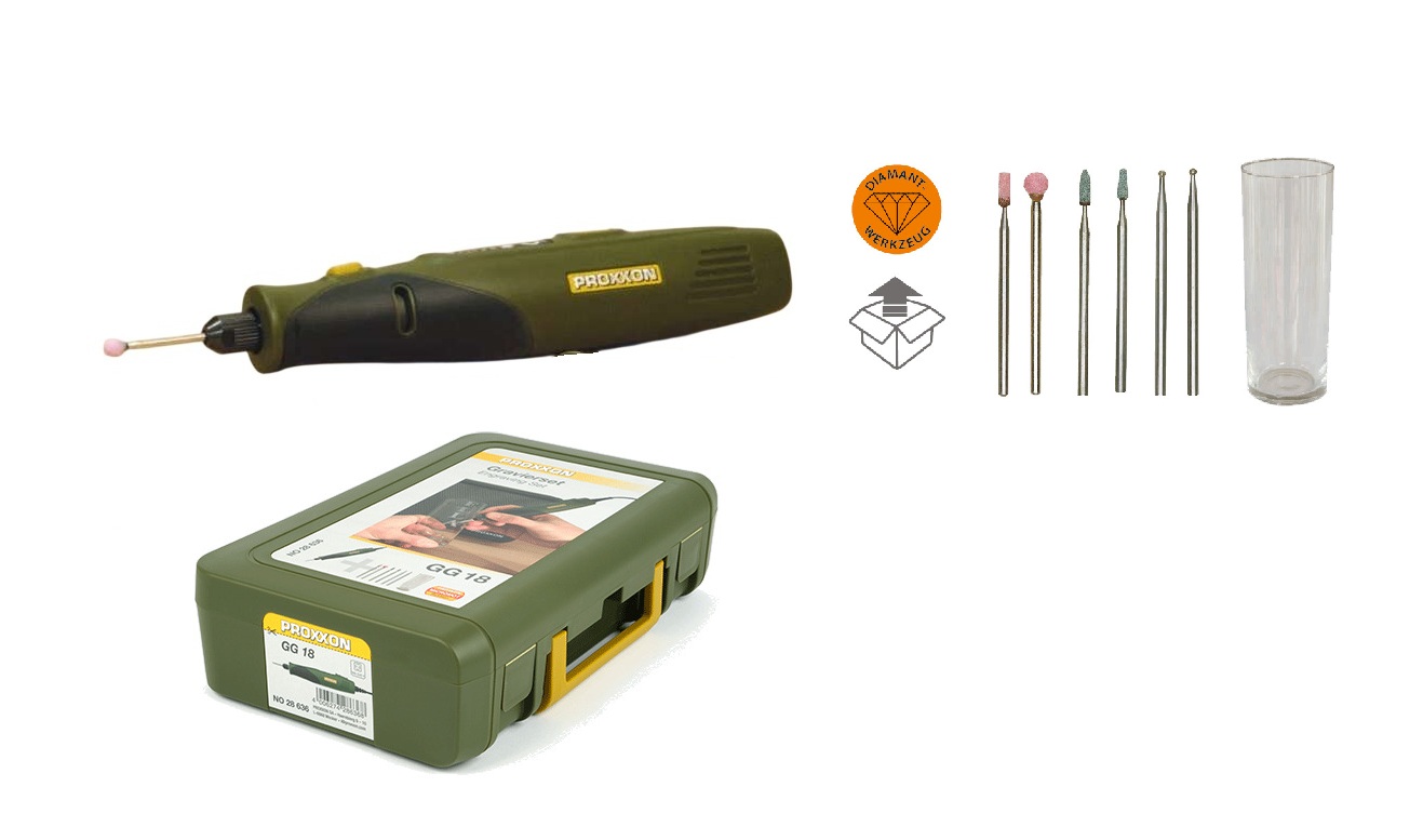 Proxxon 28636 GG 18 Graveur 230V + Jeu d'accessoires et verre d'essai dans la mallette