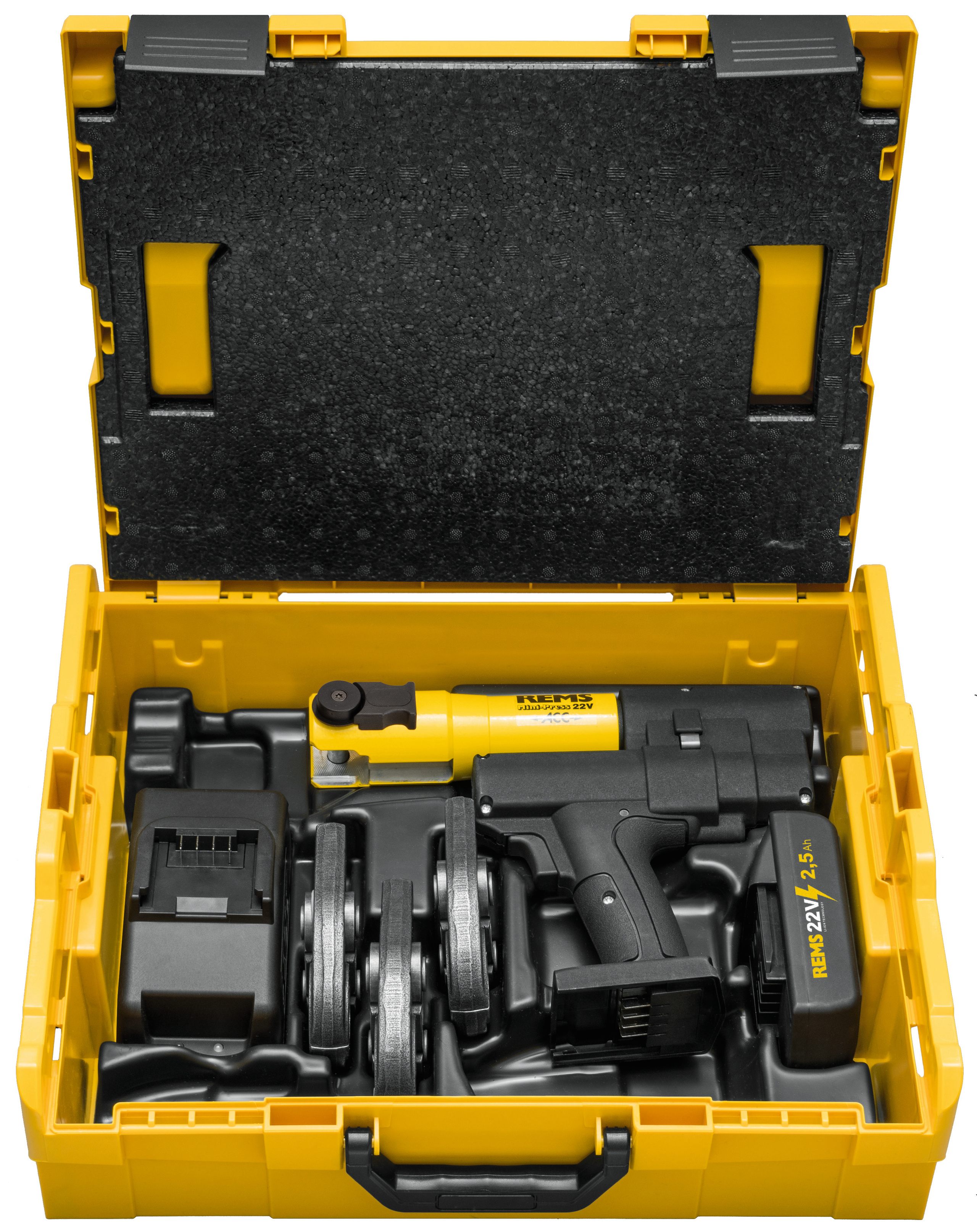 Rems 578084 R220 Mini-Press 22 V, pince à sertir sans fil avec jeu de mâchoires TH 16-20-26, 1 batterie 2,5 Ah et chargeur rapide dans un coffret L-Boxx