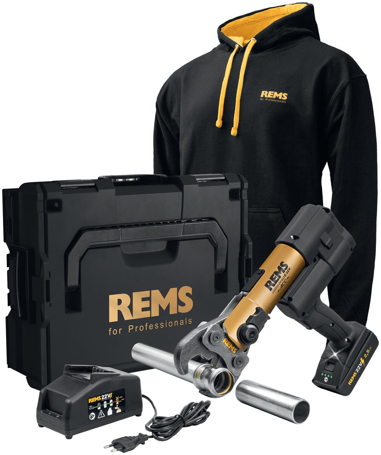 Rems 576X19 RG220 EDITION LIMITEE Akku-Press E 22 V ACC Gold 2026 Accu-Press 1x 22V 2.5Ah batterie et chargeur rapide dans L-Boxx + REMS Hoody noir