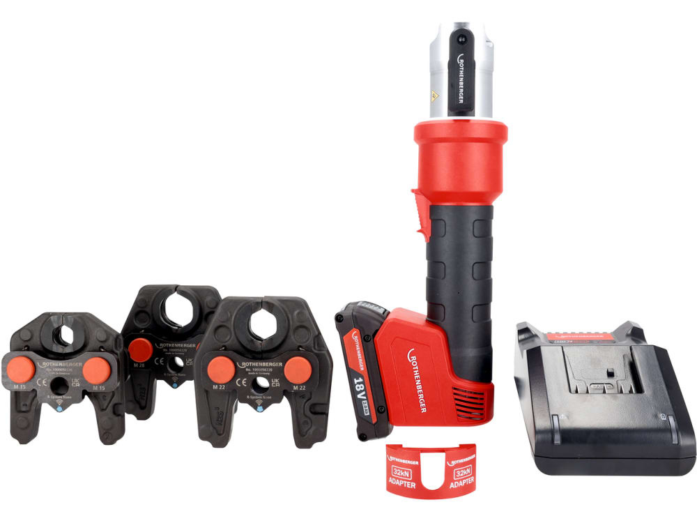 Rothenberger 1000005492 Kit ROMAX NANO iJAWs : presse &agrave; batterie hybride 18 V, avec m&acirc;choires de sertissage M15-22-28, 1 batterie 2,0 Ah et un chargeur dans un coffret