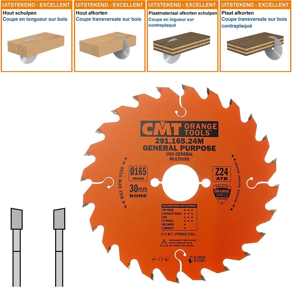 CMT 291.165.24M Lame de scie HM pour coupe en longueur et transversale 165 x 30 x 24D